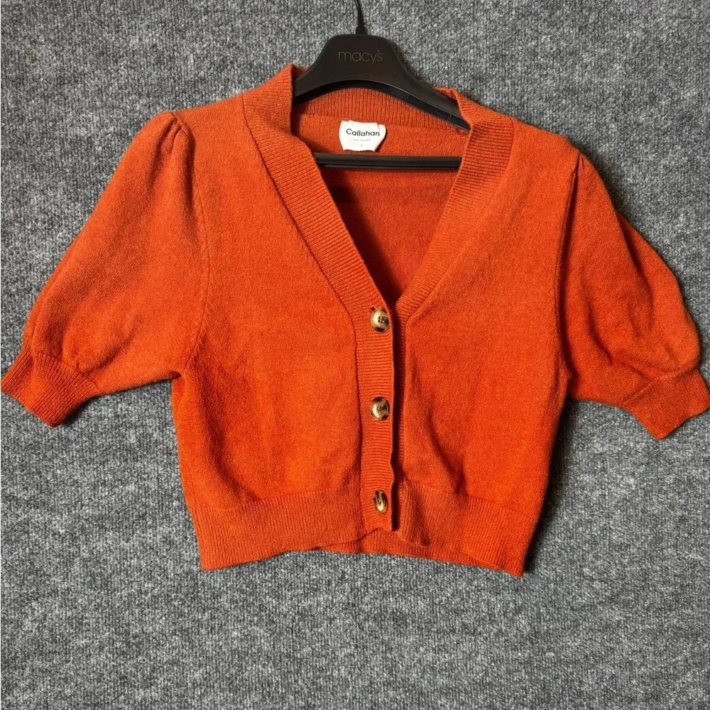 Revolve Callahan Knitwear Orange Short Sleeve Cropped Cardigan - Size Large